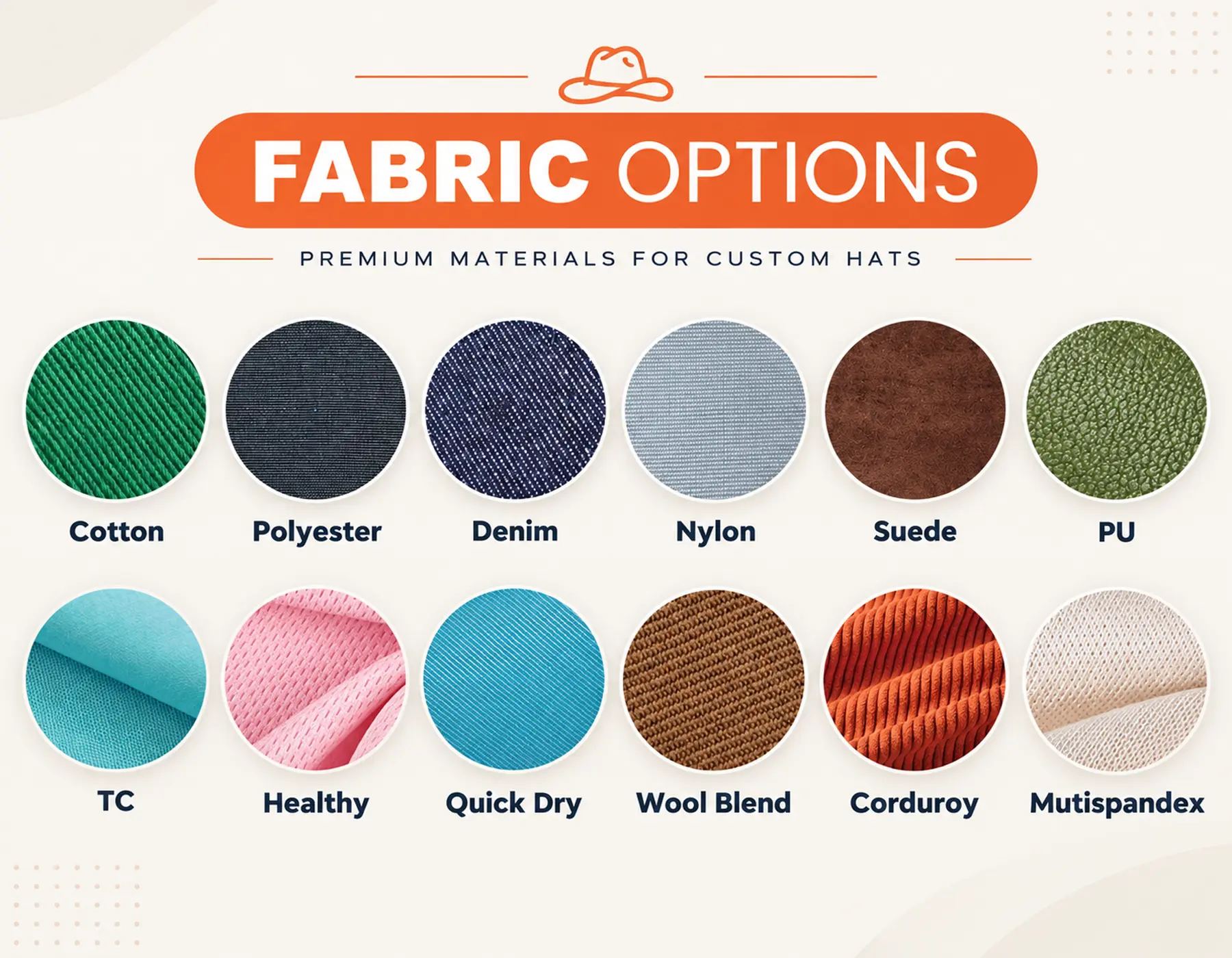 Fabric swatches showing material directions for custom baseball caps
