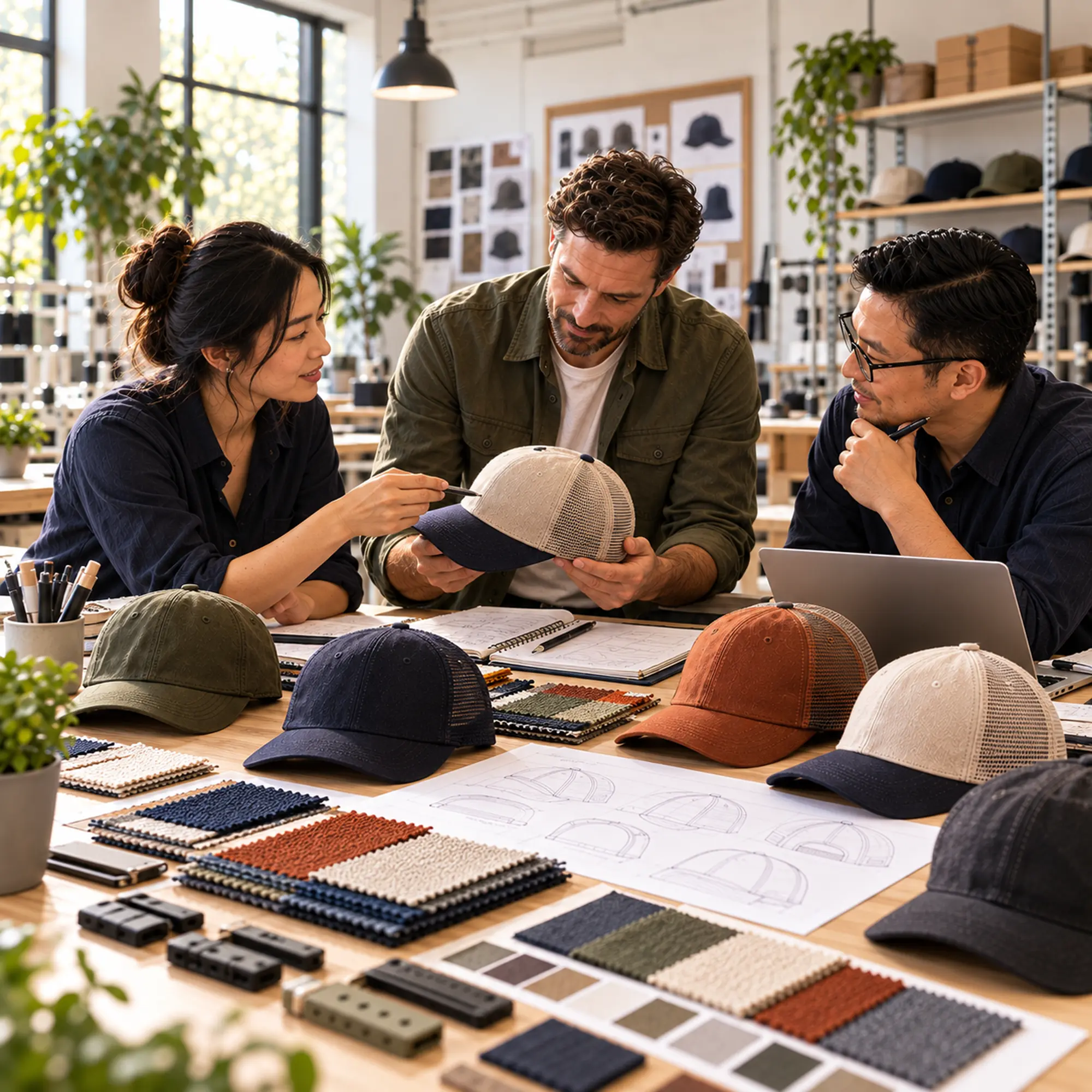 Custom headwear project discussion with samples and design references